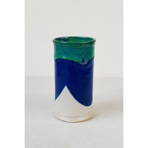 Handmade Ceramic Vase Blue Green White Mountain Design Signed Schmidt